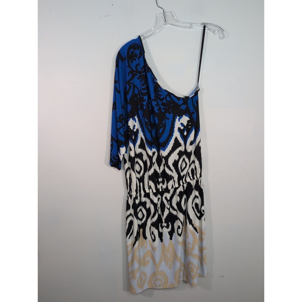 Tibi One Shoulder Dress Jasmine M Blouson Black White Blue Stretch Jersey Party